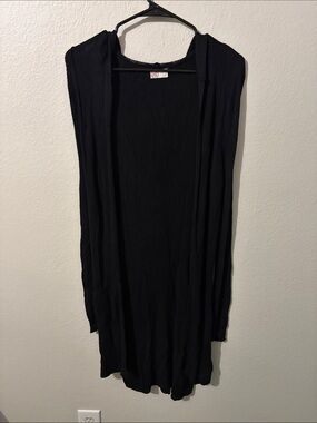 SO Black Long Open-Front Ribbed Hooded Cardigan w/ Side Slits & Pockets Size M